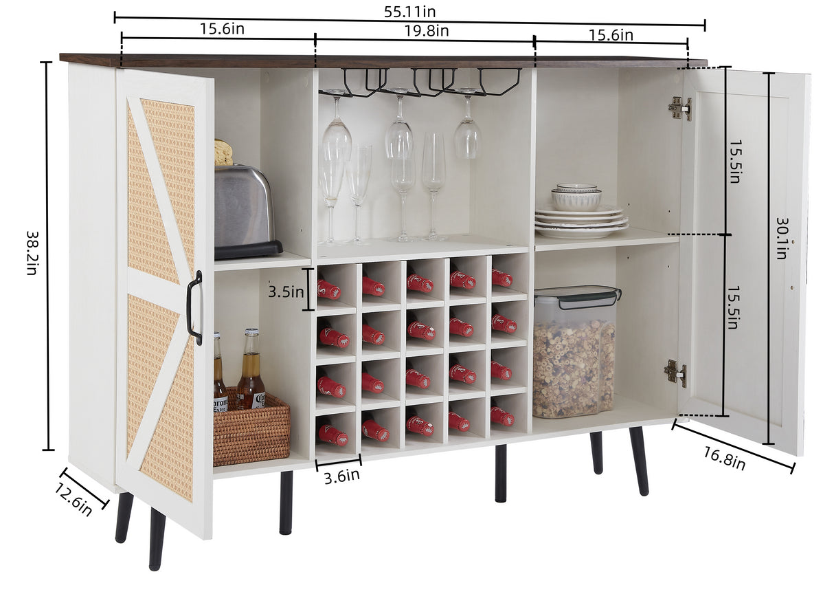 White Faux Rattan Barn Door Wine Cabinet with Wine Rack and Wine Glass Rack, Double Door Design with Removable Shelves - V.I.P Digital Presence