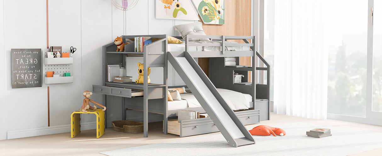 Twin over Twin Bunk Bed with Storage Staircase, Slide and Drawers, Desk with Drawers and Shelves Gray
