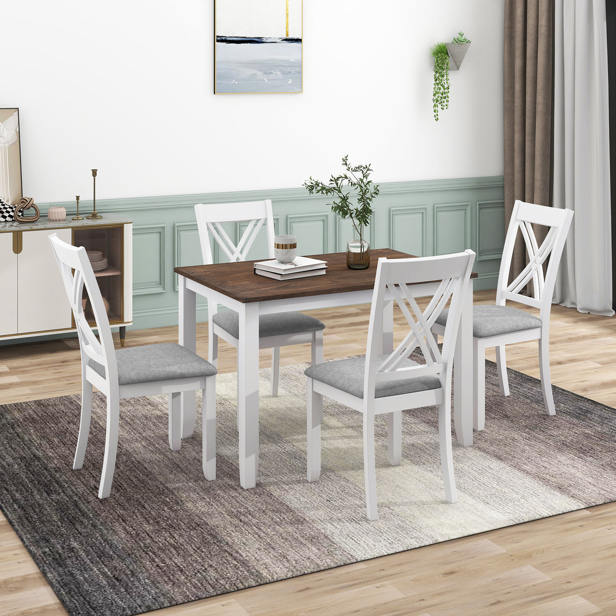 TOPMAX Rustic Minimalist Wood 5-Piece Dining Table Set with 4 X-Back Chairs for Small Places White