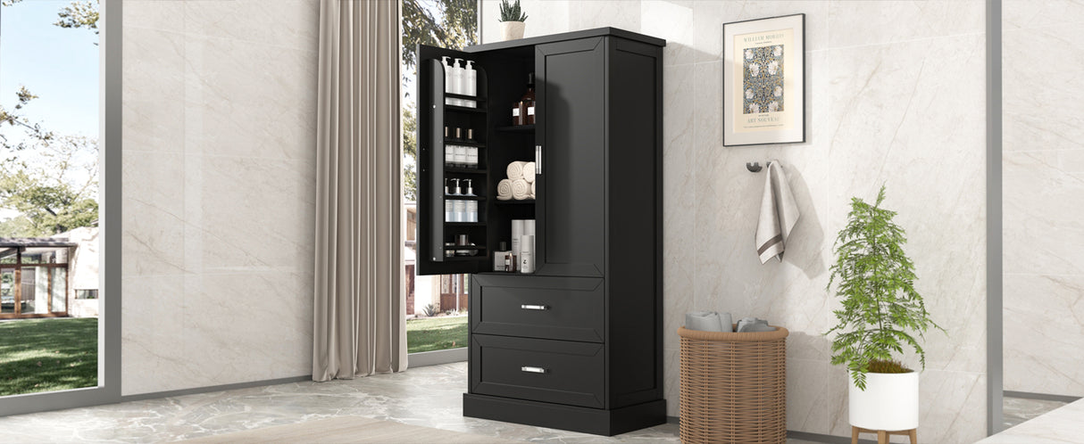 Tall Bathroom Storage Cabinet, Cabinet with Two Doors and Drawers, Adjustable Shelf, MDF Board, Black - V.I.P Digital Presence