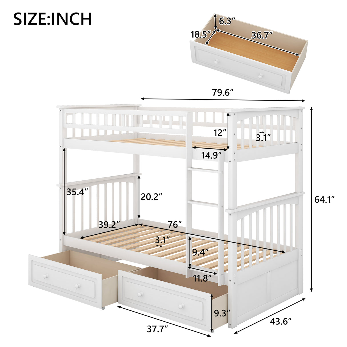 Twin over Twin Bunk Bed with Drawers Convertible Beds White