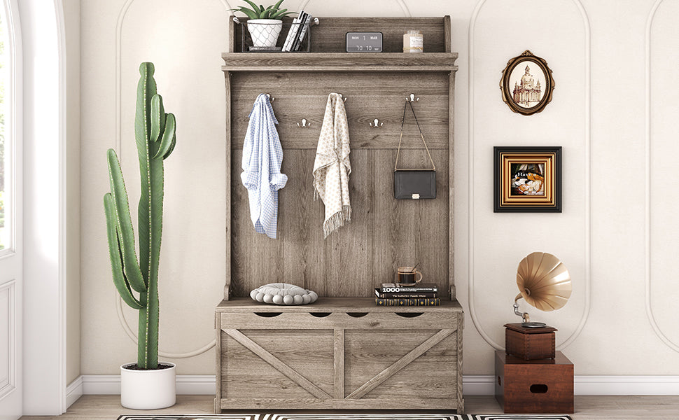 Hall tree with storage desk, entrance desk with drawers and 5 hooks, display rack,Oak - V.I.P Digital Presence