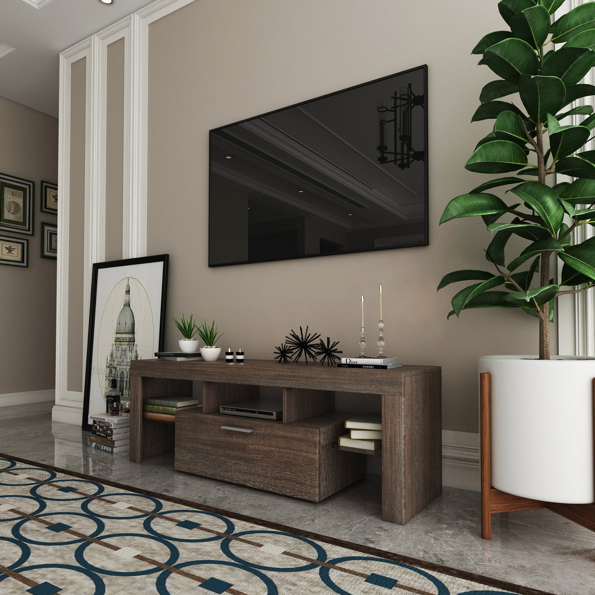 20 minutes quick assembly brown simple modern TV stand Brown TV bracket with LED Color Changing Lights for Living Room