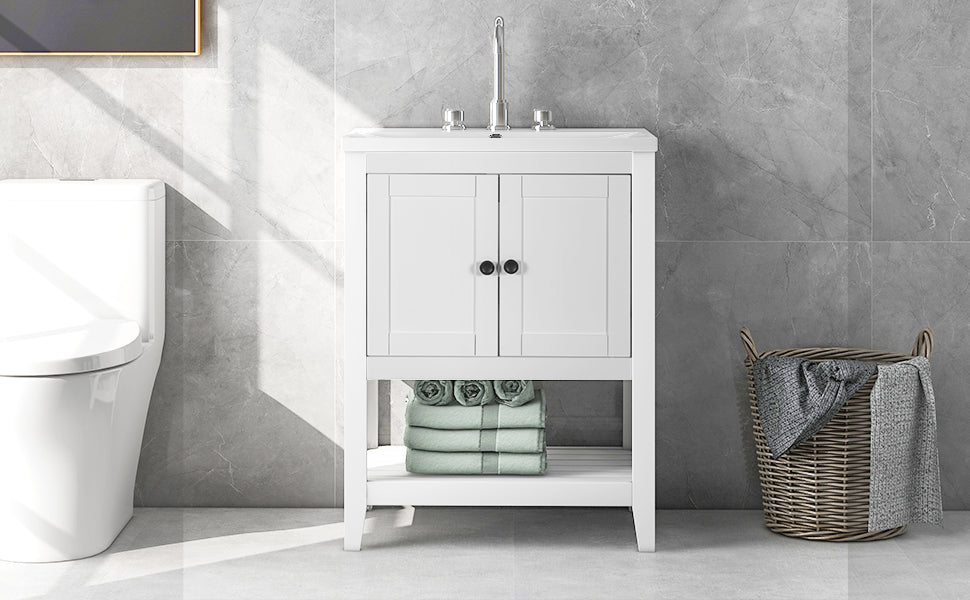 24" White Modern Sleek Bathroom Vanity Elegant Ceramic Sink with Solid Wood Frame Open Style Shelf - V.I.P Digital Presence