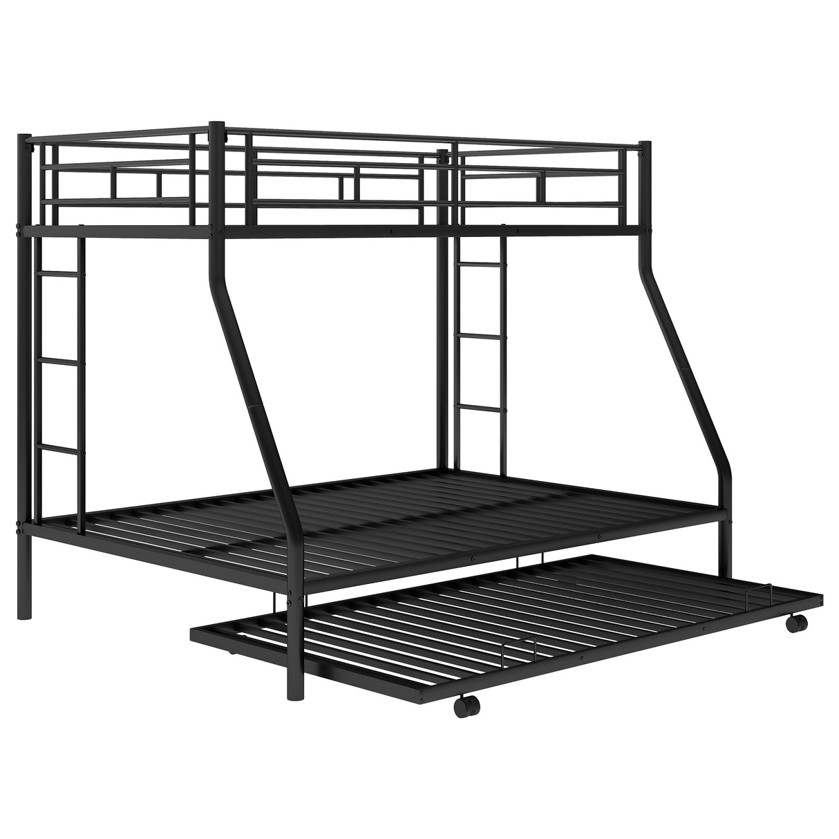 Twin over Full Bed with Sturdy Steel Frame Bunk Bed with Twin Size Trundle Two-Side Ladders Black