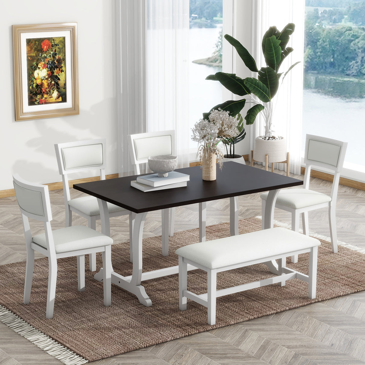 TOPMAX Farmhouse 6-Piece Trestle Dining Table Set with Upholstered Dining Chairs and Bench 59inch, White