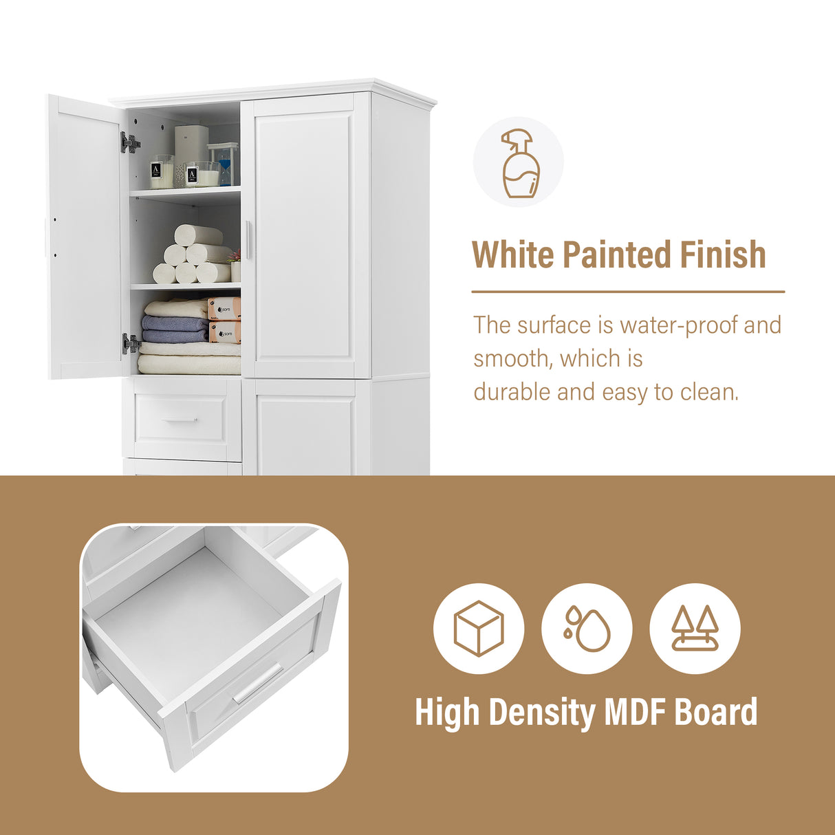 Tall and Wide Storage Cabinet with Doors for Bathroom/Office, Three Drawers, White - V.I.P Digital Presence