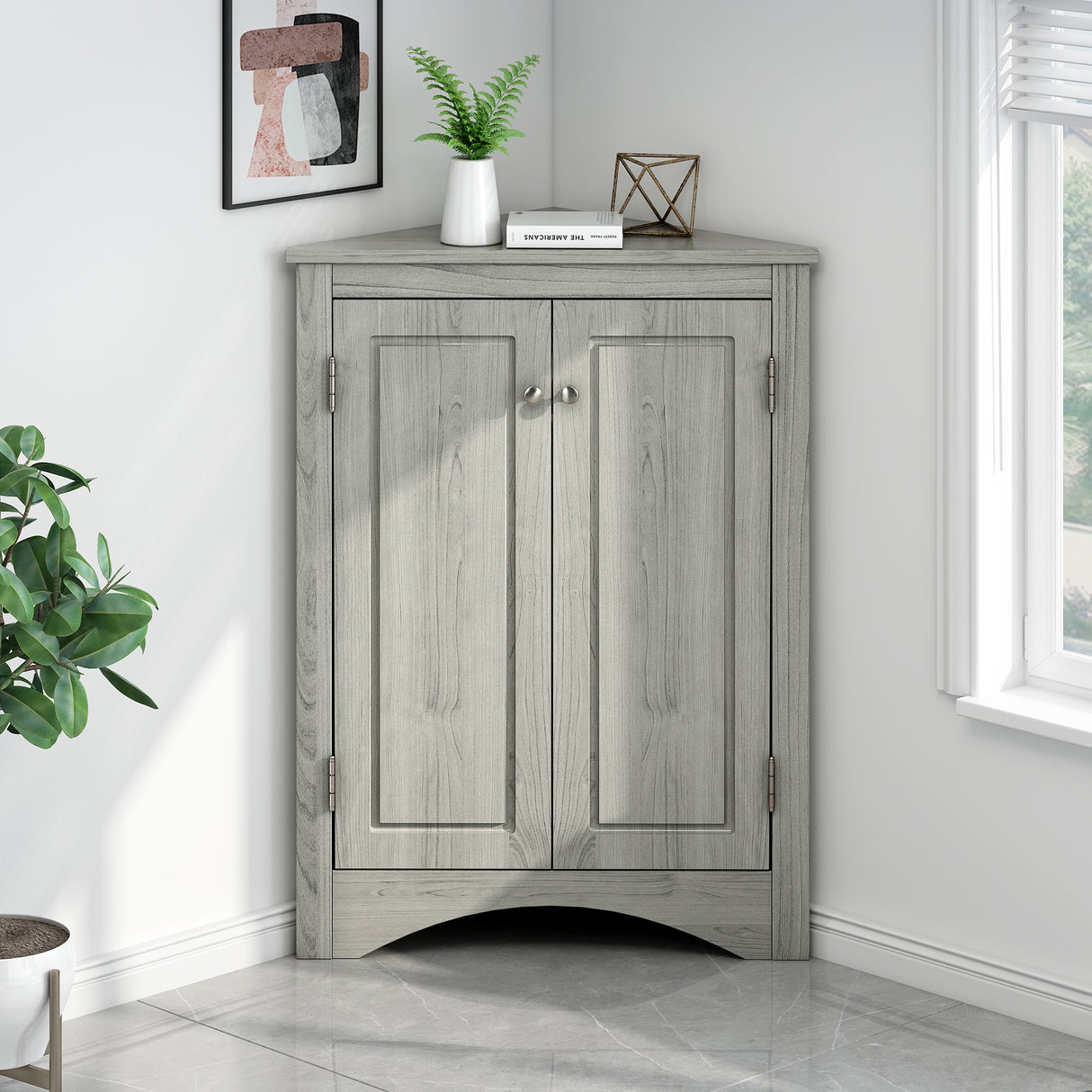 Oak Triangle Bathroom Storage Cabinet with Adjustable Shelves, Freestanding Floor Cabinet for Home Kitchen - V.I.P Digital Presence