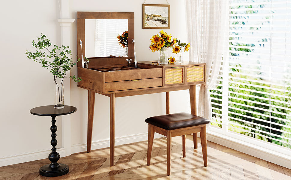 43.3 "Wooden vanity set with flip mirror and stool, three drawers and storage space for dressing table, brown