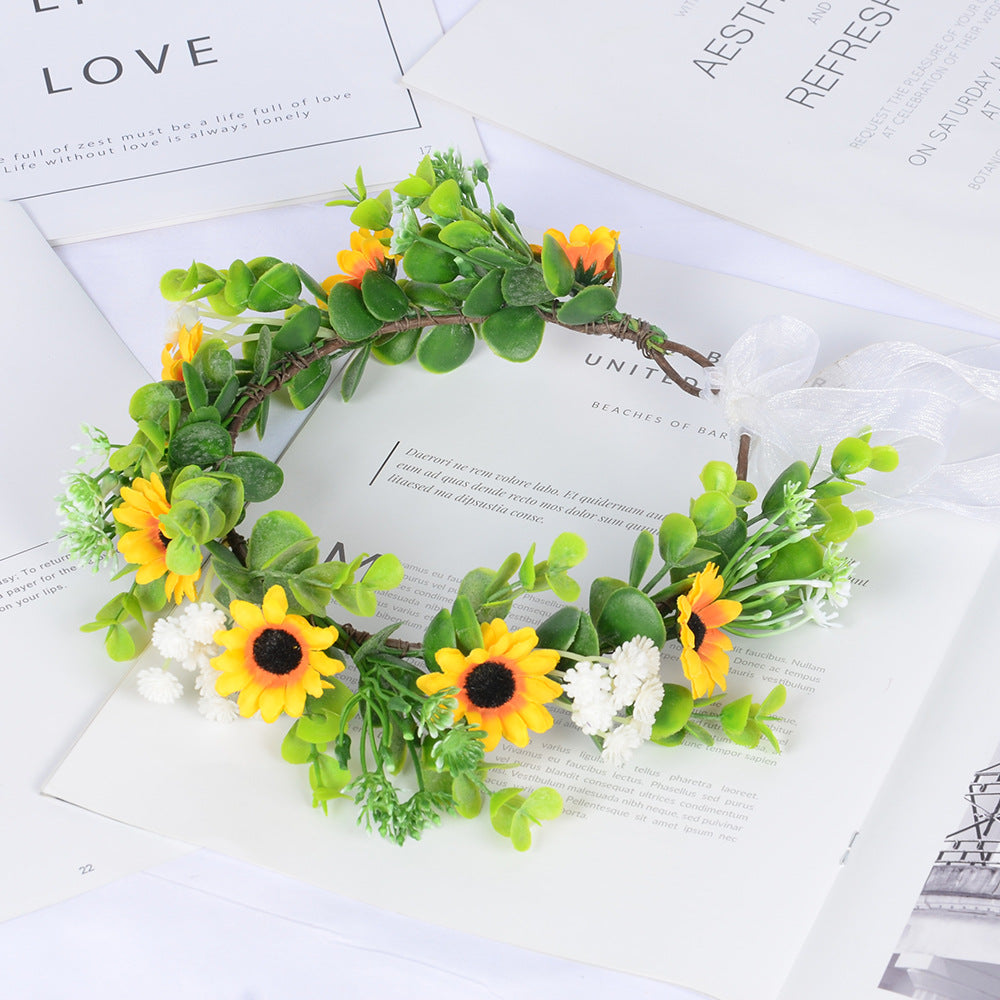 Girl Spring Outing Wreath Headwear Simulation Eucalyptus Starry Sky False Sunflower Children's Wreath - V.I.P Digital Presence
