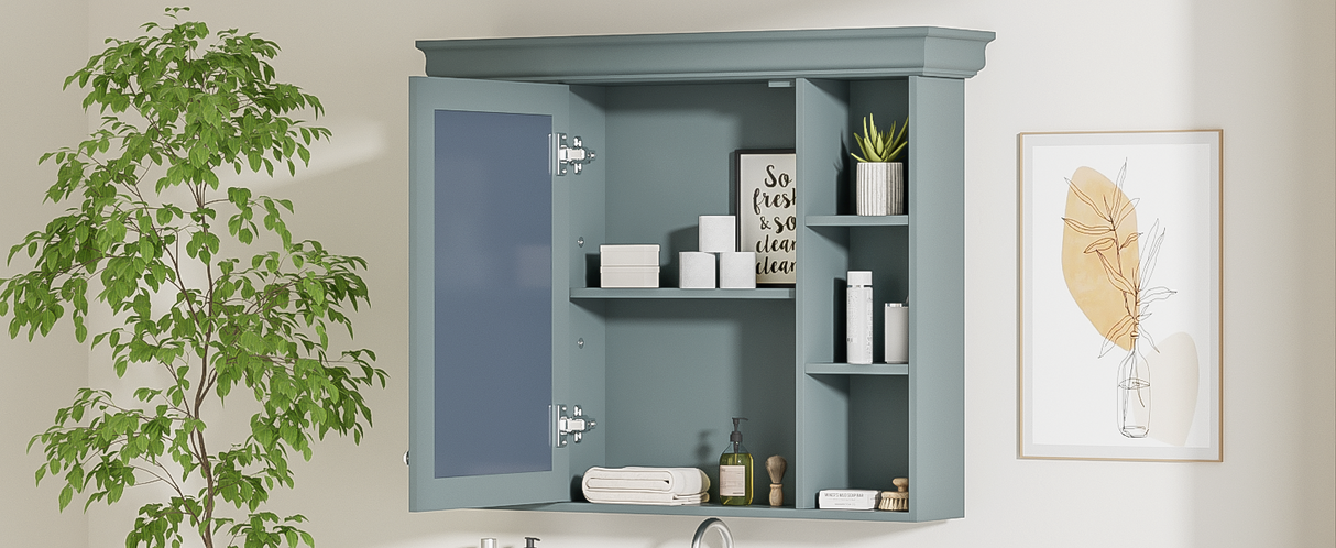 35 ''x 28' 'blue wall mounted bathroom storage cabinet with mirror door and medication cabinet with 6 open shelves - V.I.P Digital Presence