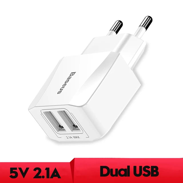 Cargador USB dual Baseus de 5 V y 2,1 A para teléfono, carga rápida, portátil, enchufe europeo, adaptador de viaje, cargador de pared.