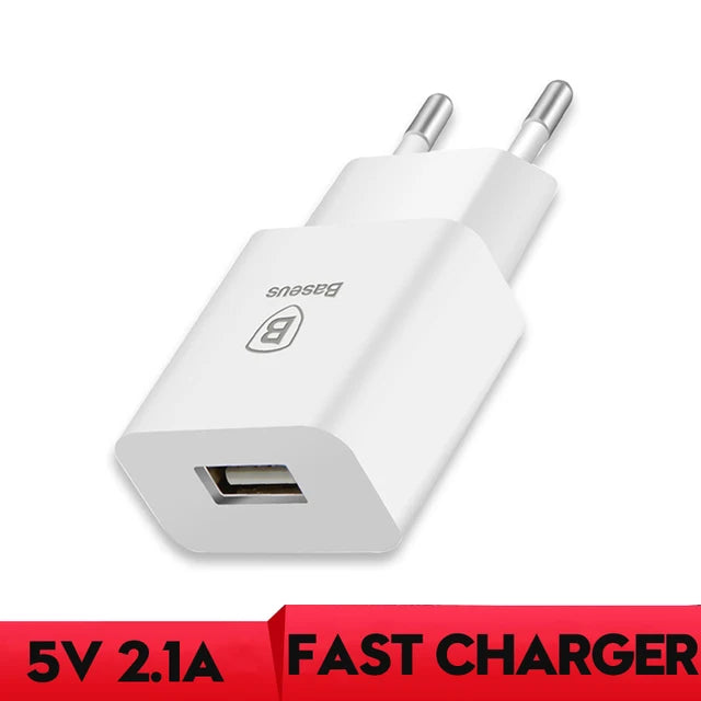 Cargador USB dual Baseus de 5 V y 2,1 A para teléfono, carga rápida, portátil, enchufe europeo, adaptador de viaje, cargador de pared.