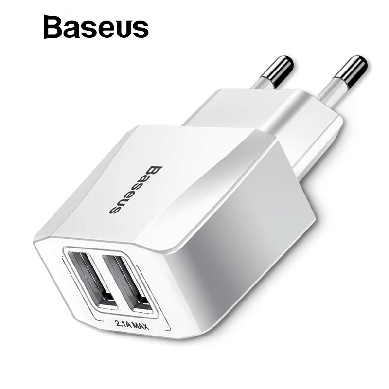 Cargador USB dual Baseus de 5 V y 2,1 A para teléfono, carga rápida, portátil, enchufe europeo, adaptador de viaje, cargador de pared.