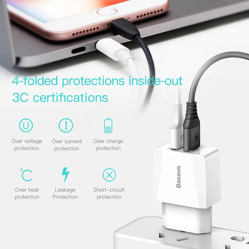 Cargador USB dual Baseus de 5 V y 2,1 A para teléfono, carga rápida, portátil, enchufe europeo, adaptador de viaje, cargador de pared.