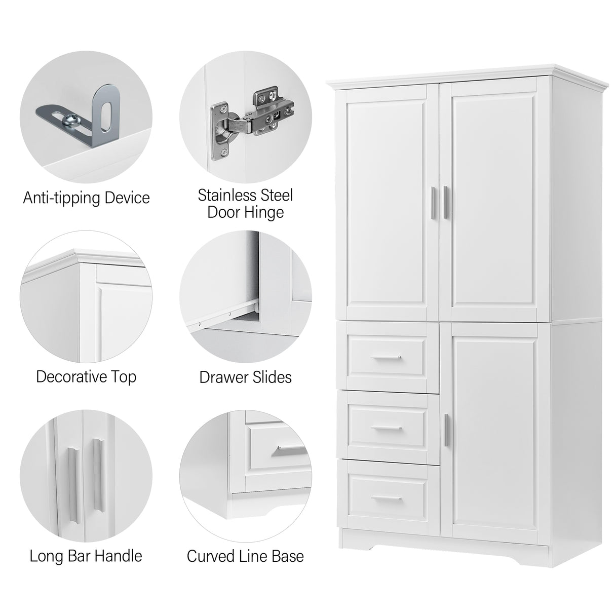 Tall and Wide Storage Cabinet with Doors for Bathroom/Office, Three Drawers, White - V.I.P Digital Presence