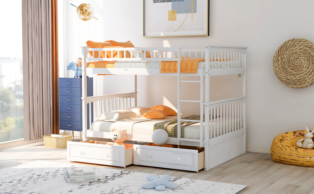 Full over Full Bunk Bed with Drawers Convertible Beds White