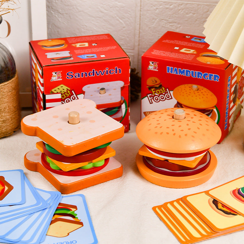 Baby wooden simulation burger, french fries, sandwich set, pillar pairing, food cutting, kitchen utensils, play with toys - V.I.P Digital Presence