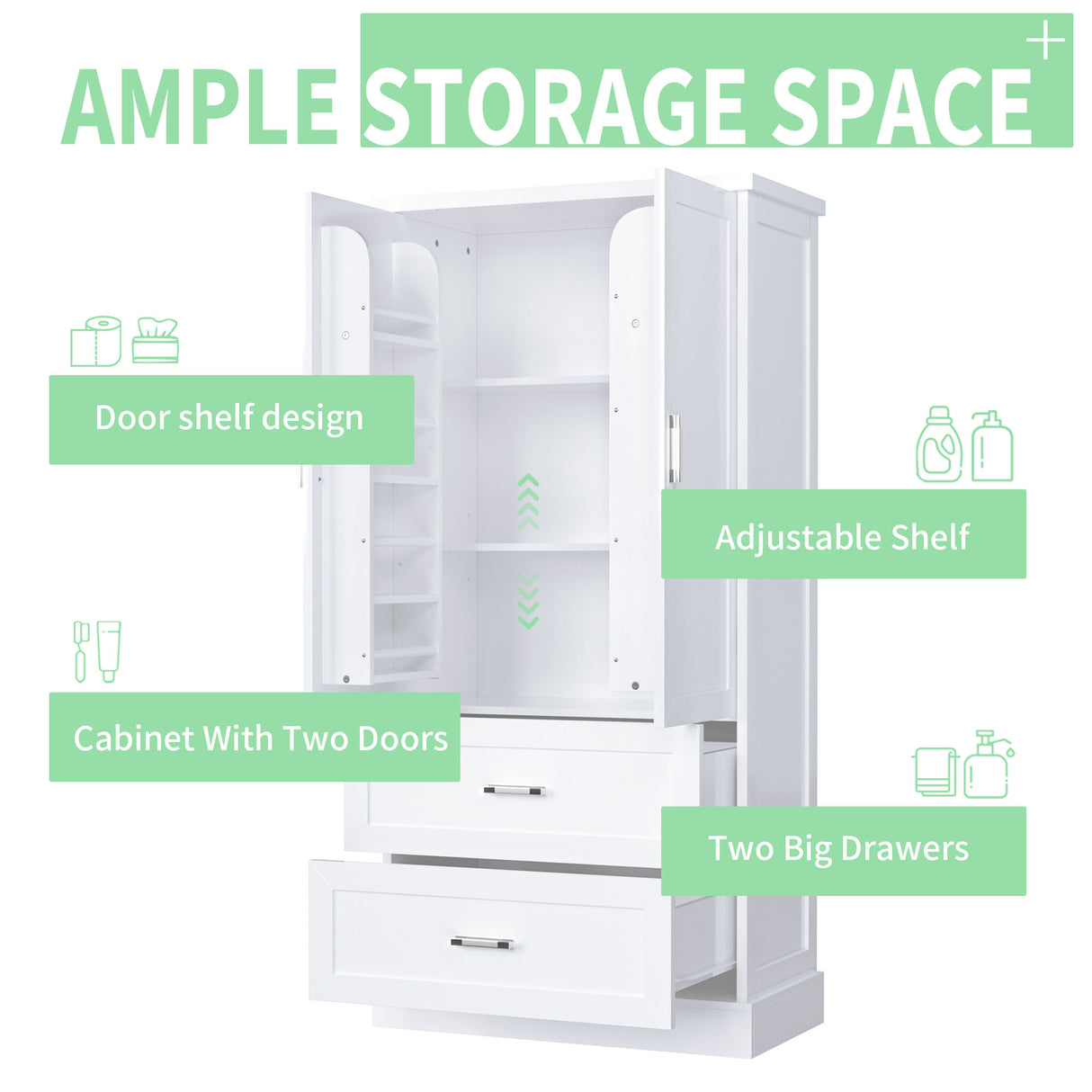 Tall Bathroom Storage Cabinet, Cabinet with Two Doors and Drawers, Adjustable Shelf, MDF Board, White - V.I.P Digital Presence