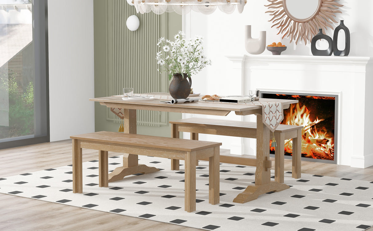 TREXM 3-piece retro dining table, rectangular stand table, and 2 4-person wooden stools (made of natural wood) - V.I.P Digital Presence