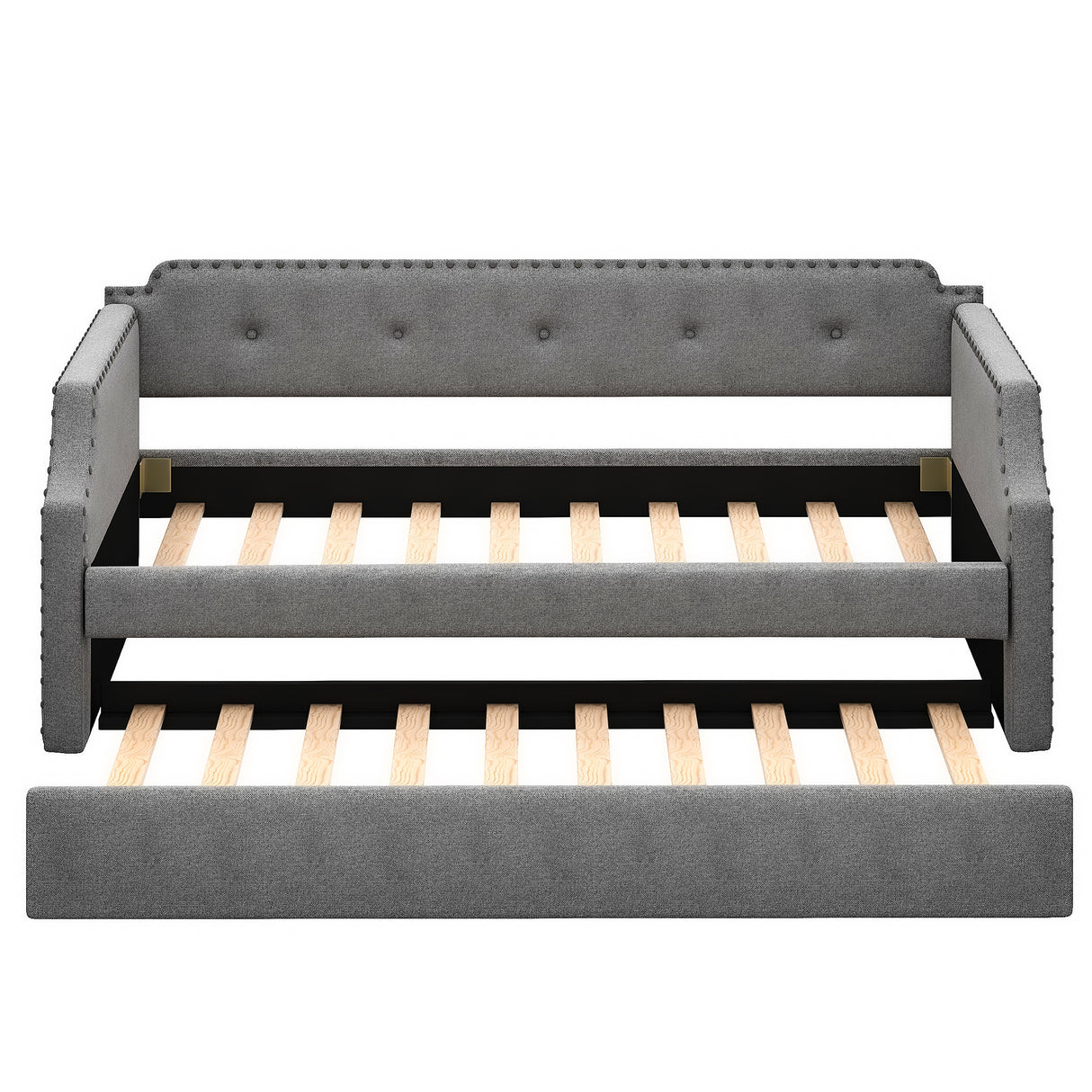 Upholstered Daybed with Trundle, Wood Slat Support,Upholstered Frame Sofa Bed Twin Gray