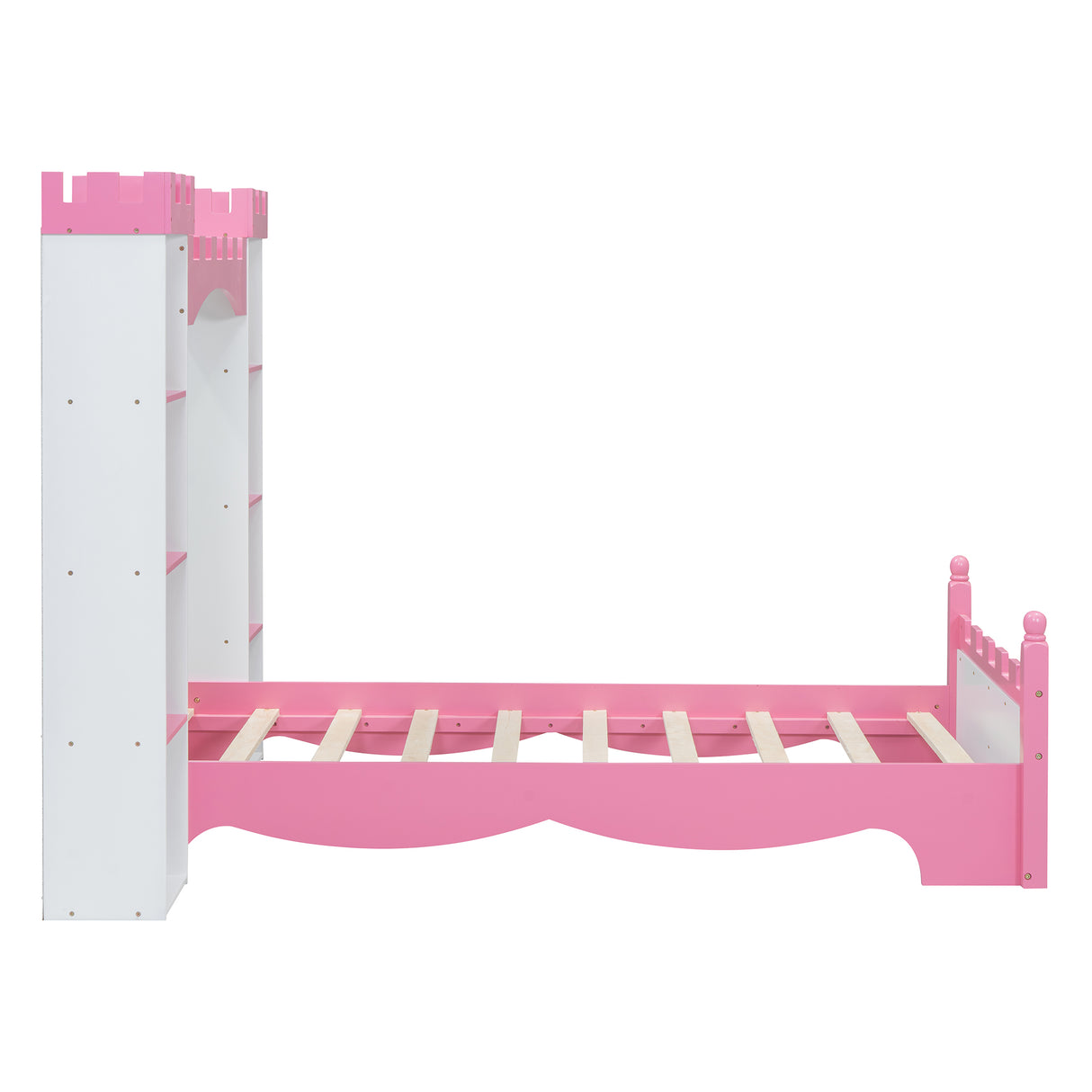 Castle-Shaped Wooden Bed with Storage Shelf, Dreamy Twin Size Platform Bed for Kids Bedroom, White + Pink - V.I.P Digital Presence