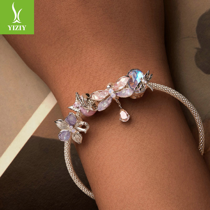 Silver Charm Pink Butterfly DIY Silicone Positioning Bracelet with Separated Beads Romantic Spring Day s925 Pure Silver Beads Loose Beads - V.I.P Digital Presence