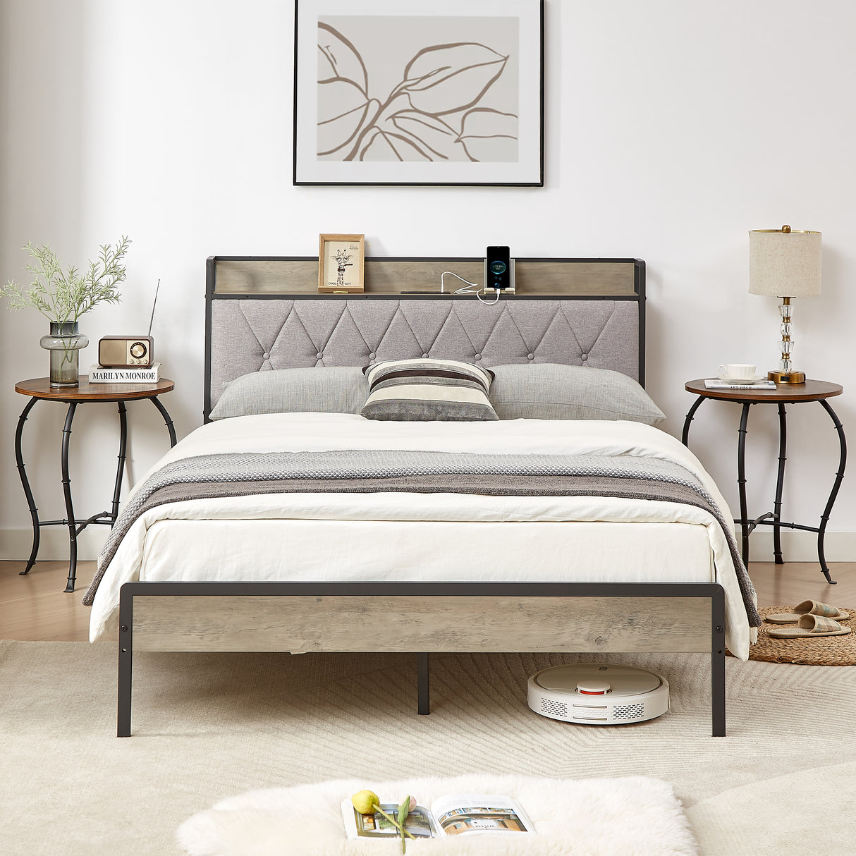 Bed frame with charging station full size, Grey, 83.1'' L x 56.1'' W x 39.2'' H. - V.I.P Digital Presence
