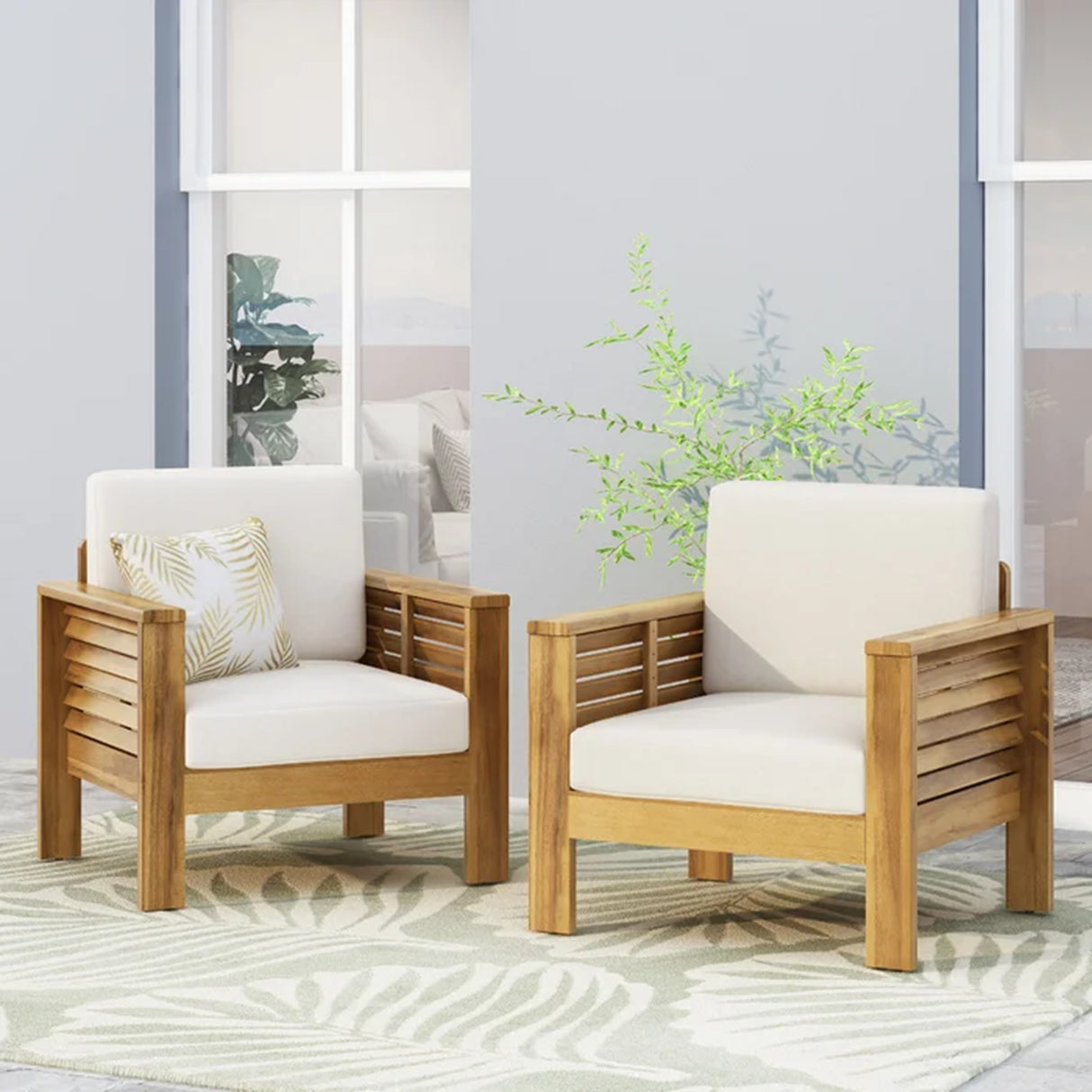 ( Set of 2) Outdoor Acacia Wood Club Chairs with Cushions, Teak+Beige, 27.75"D x 32"W x 27.75"H - V.I.P Digital Presence