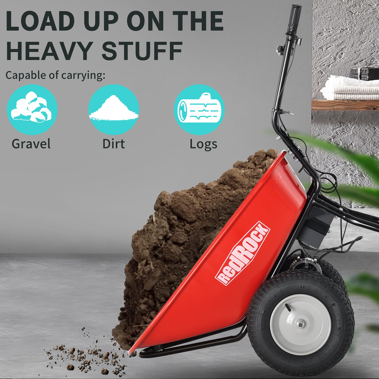 Red Rock Wheelbarrow Utility Cart Electric Powered AGM Battery 330lbs (150kgs) Max Capacity Barrel Dump Material Debris Hauler