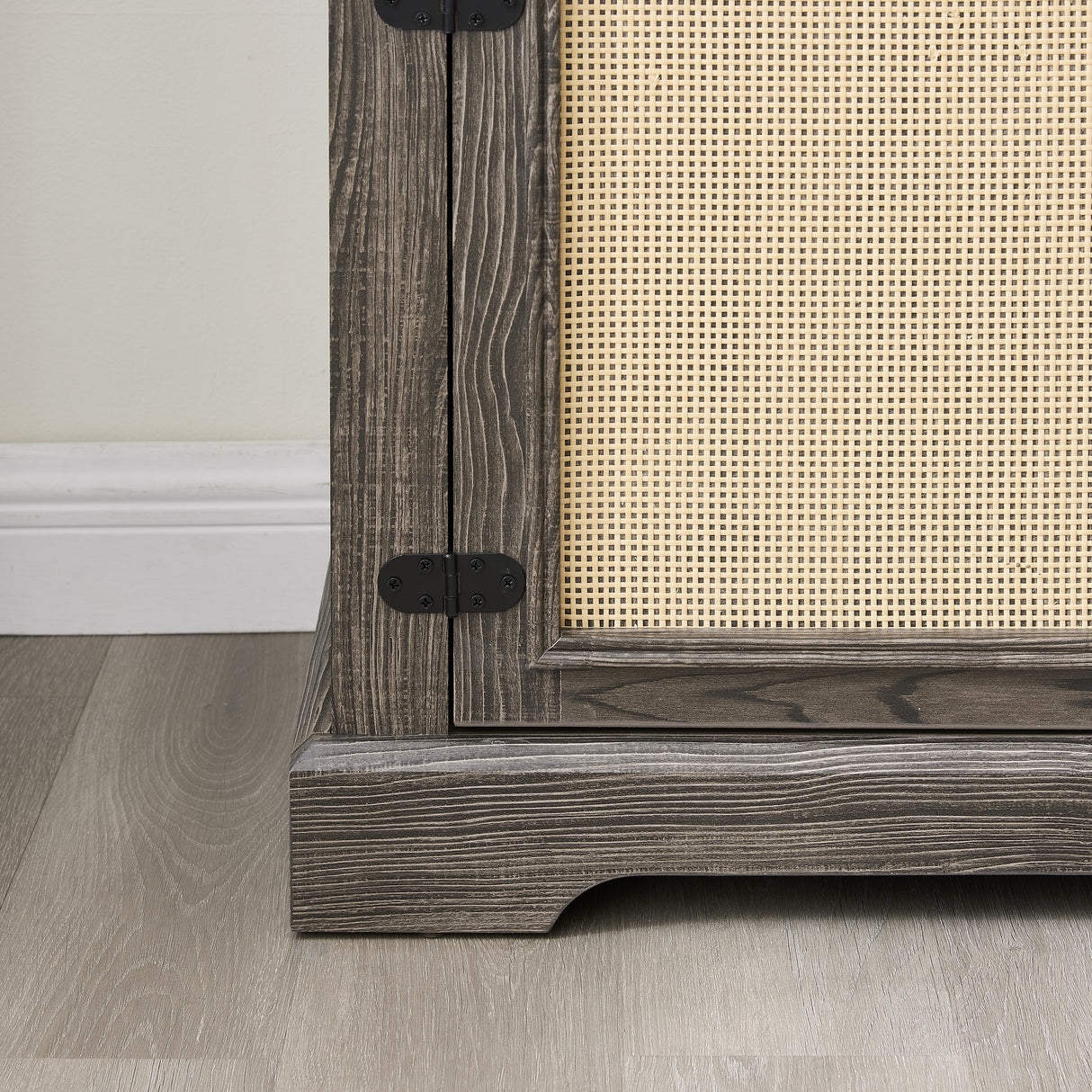 Vine TV stand console table, suitable for TVs under 70 inches, equipped with 2 storage shelves and 2 natural rattan doors, gray - V.I.P Digital Presence