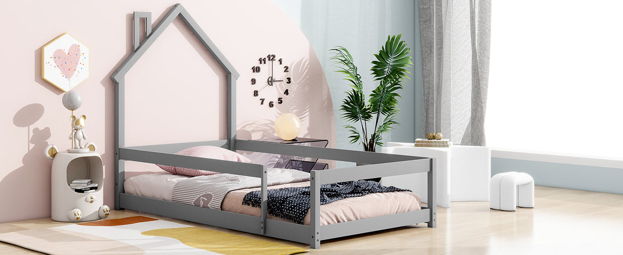 Twin Size Wood bed with House-shaped Headboard Floor bed with Fences,Grey - V.I.P Digital Presence