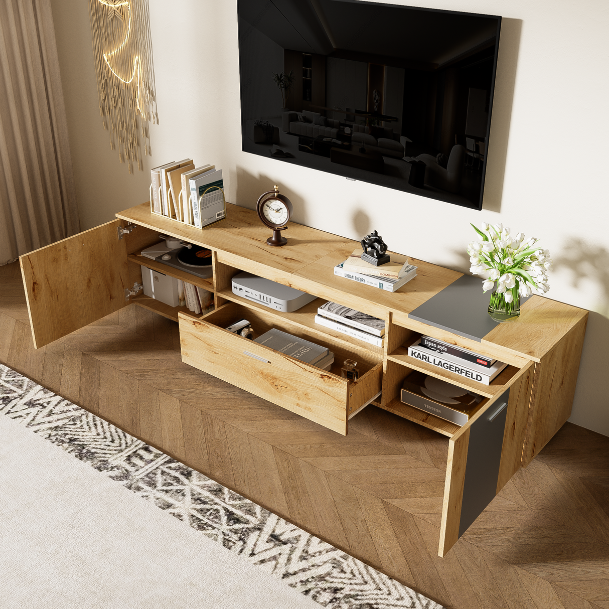 70 inch modern TV stand with 3 cabinets and drawers, entertainment center can accommodate TVs under 80 inches - V.I.P Digital Presence