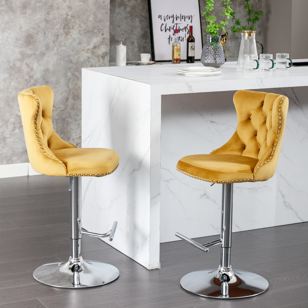 25-33 Inch, Modern Upholstered Chrome base Bar Stools with Backs Comfortable Tufted for Home Pub and Kitchen Island(Gold,Set of
