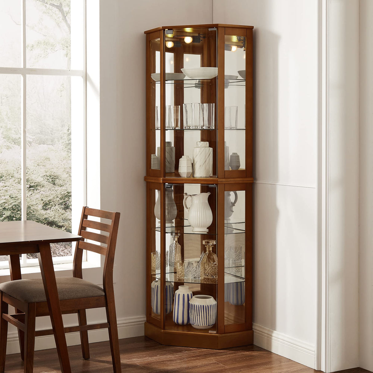 6 shelves corner Curio display cabinet with light mirror and adjustable shelves, walnut wood (excluding E26 light bulbs) - V.I.P Digital Presence
