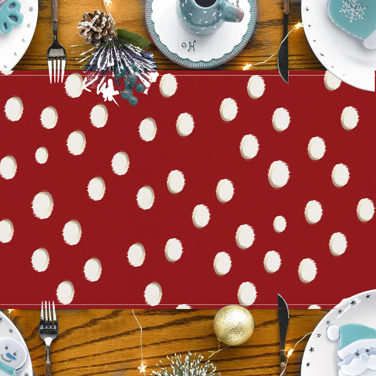 Christmas cartoon reindeer table flag Christmas snowflakes polka dot linen tablecloth kitchen table decoration tablecloth mat - V.I.P Digital Presence