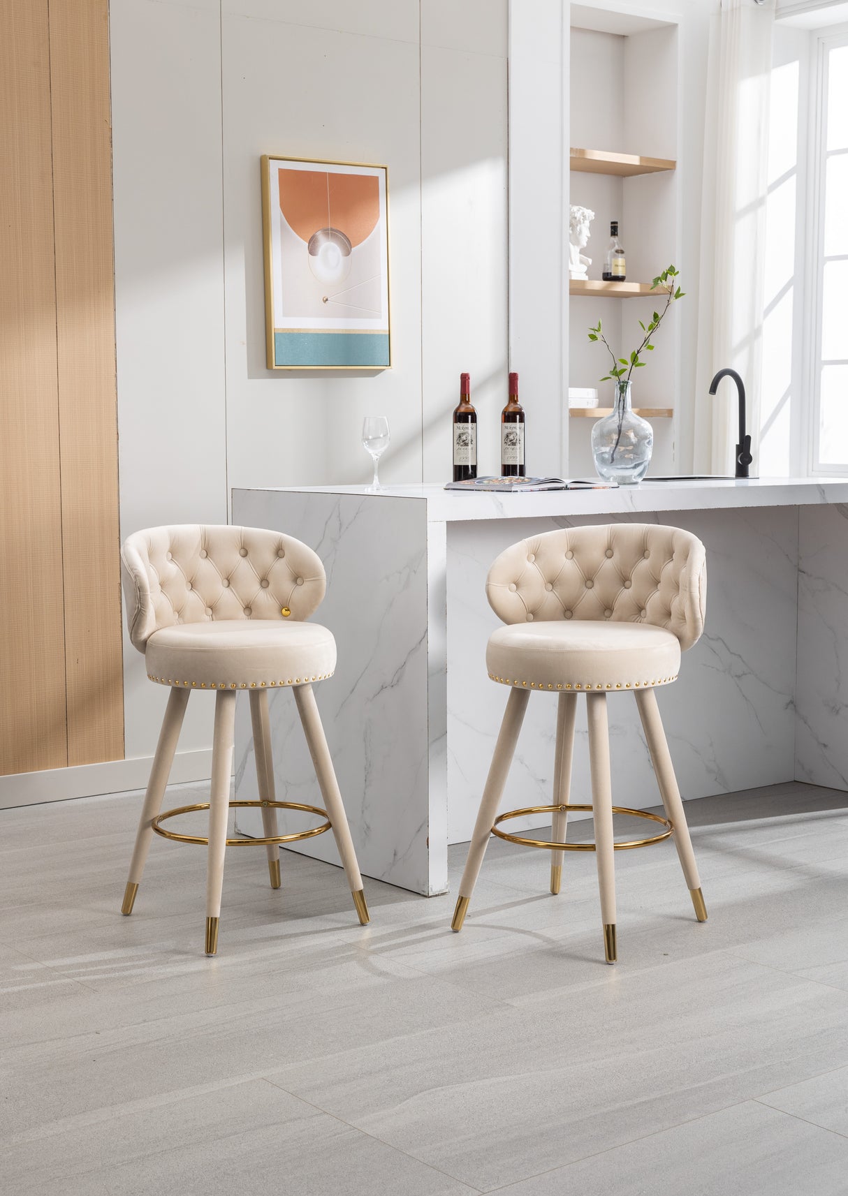 COOLMORE Counter Height Bar Stools Set of 2 for Kitchen Counter Solid Wood Legs with a fixed height of 360 degrees Beige