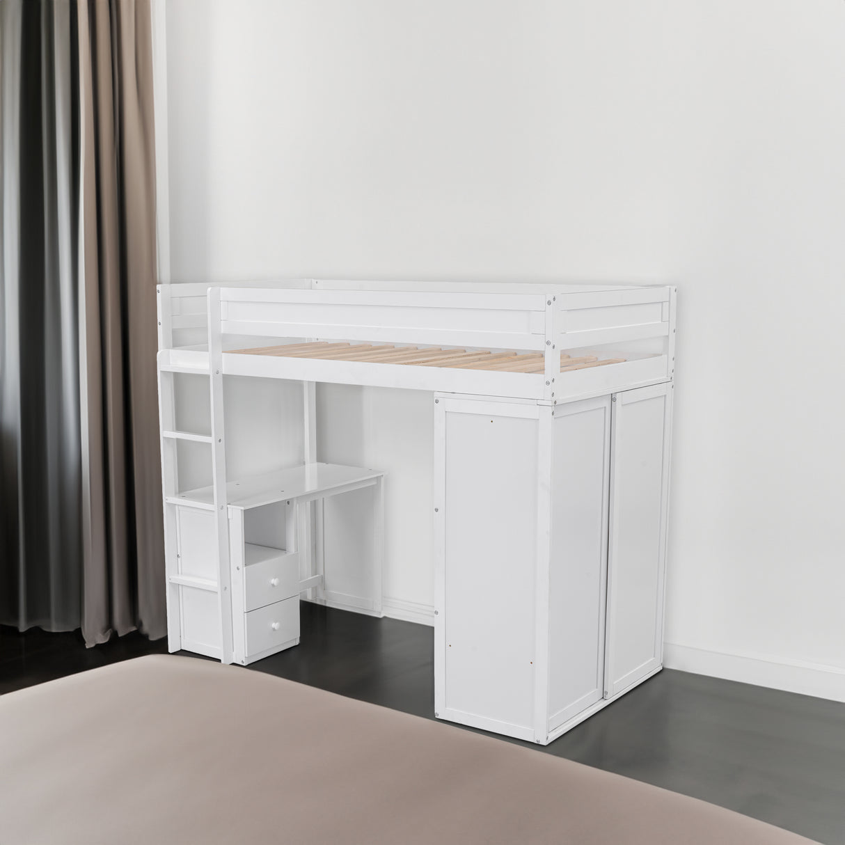Wood Twin Size Loft Bed with Wardrobes and 2-Drawer Desk with Cabinet White