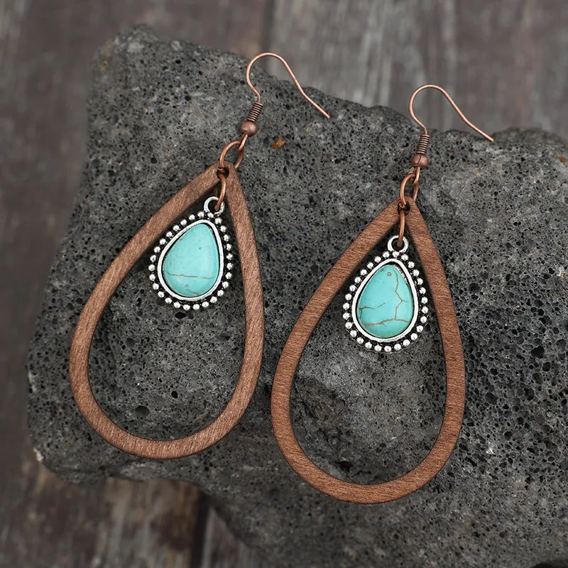 Wooden Turquoise Cutout Teardrop Earrings - V.I.P Digital Presence