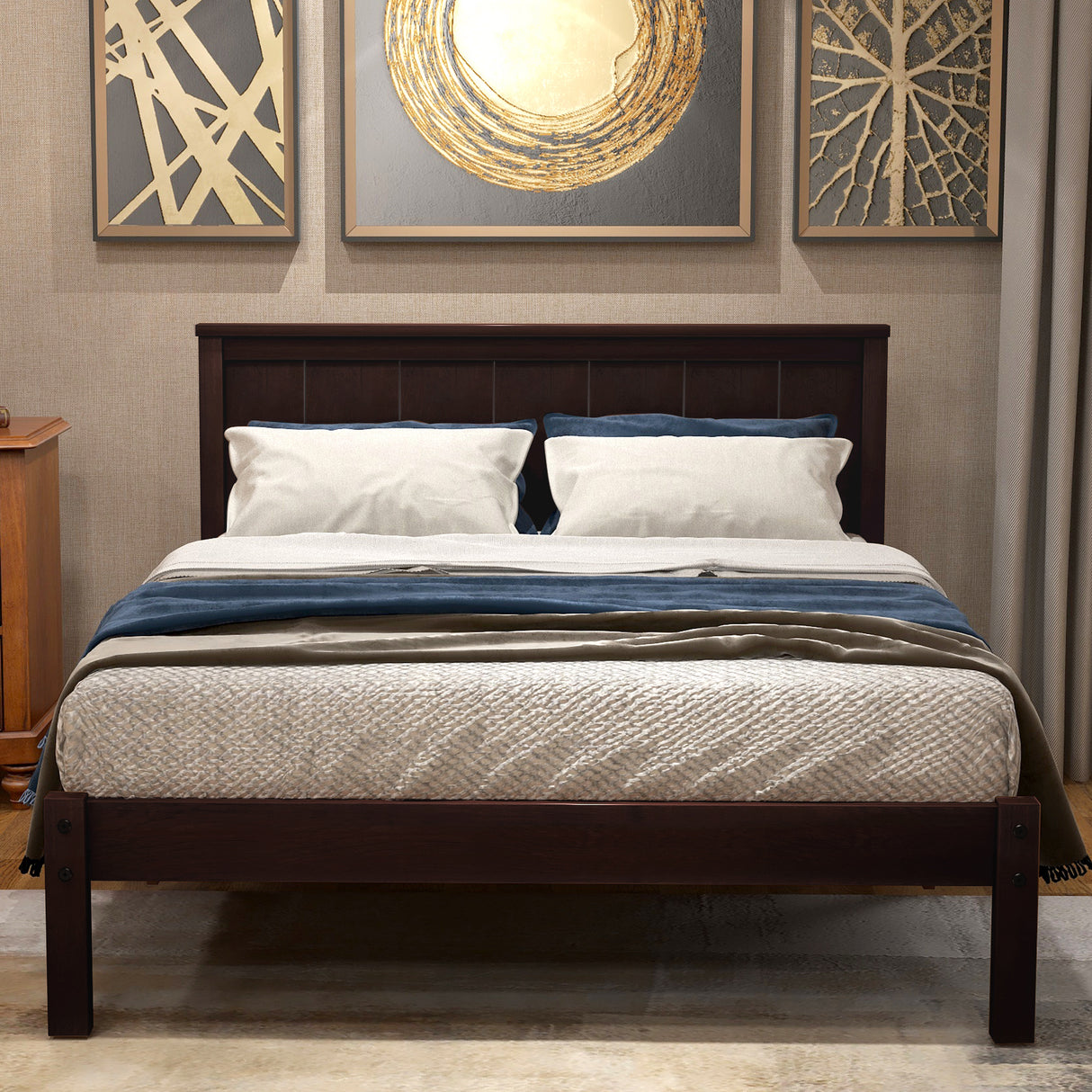 Platform Bed Frame with Headboard, Wood Slat Support, No Box Spring Needed Twin Espresso