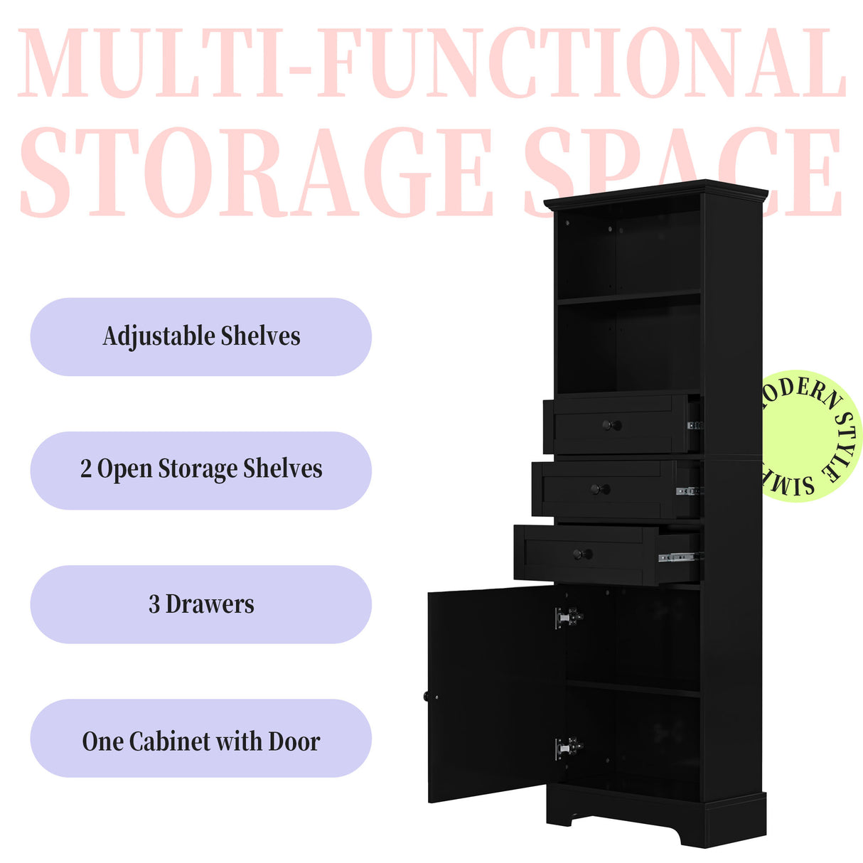 Black high storage cabinet with 3 drawers and adjustable shelves, MDF board painted - V.I.P Digital Presence