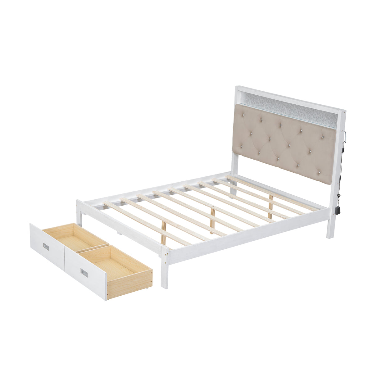 Wood Full Size Platform Bed with Upholstered Headboard and LED and 2 Drawers, Antique White - V.I.P Digital Presence