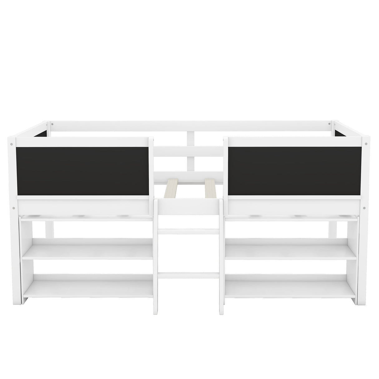 Twin Size Low Loft Bed with Two Movable Shelves and Ladder,with Decorative Guardrail Chalkboard,White