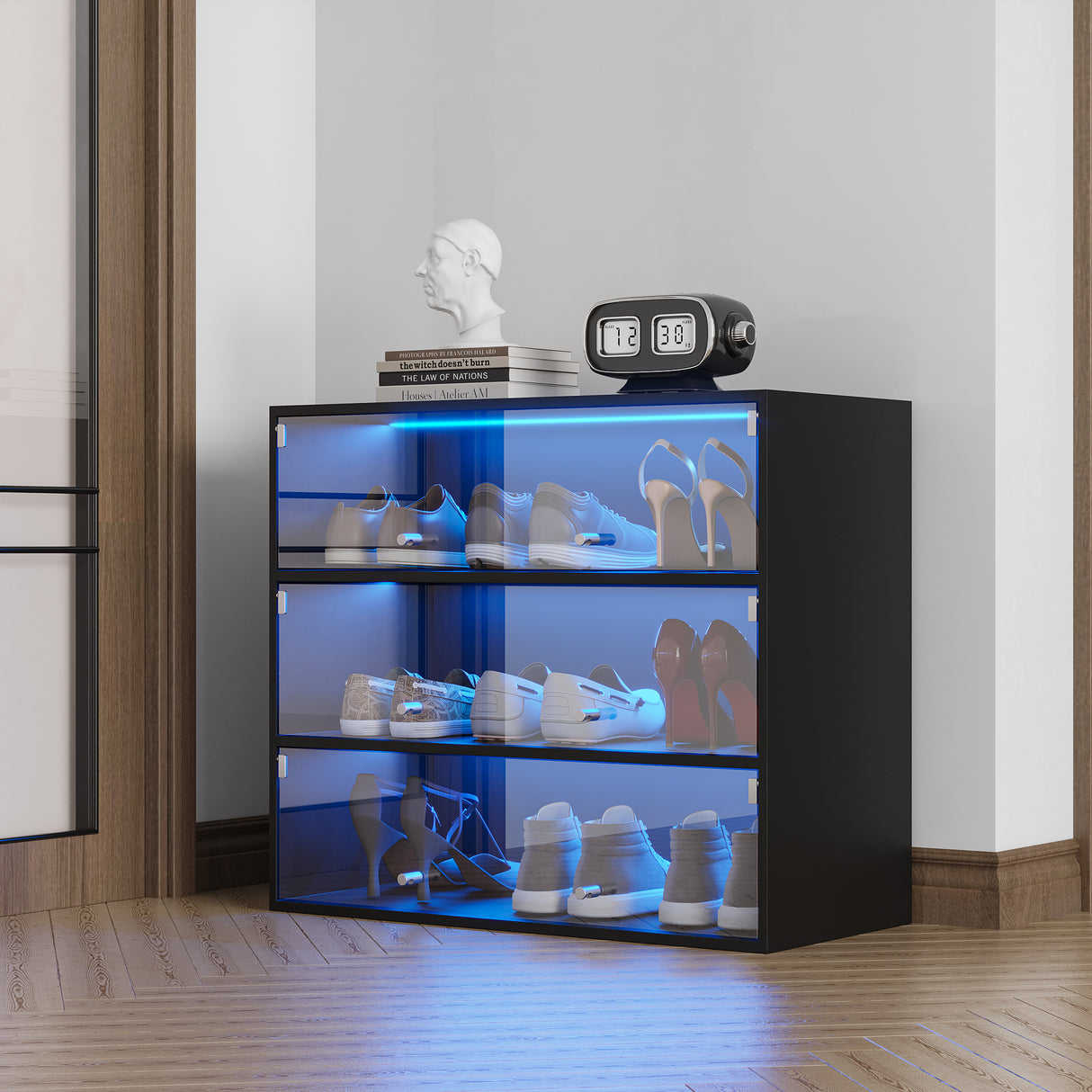 Black Glass Door Shoe Box Shoe Storage Cabinet With RGB Led Light - V.I.P Digital Presence