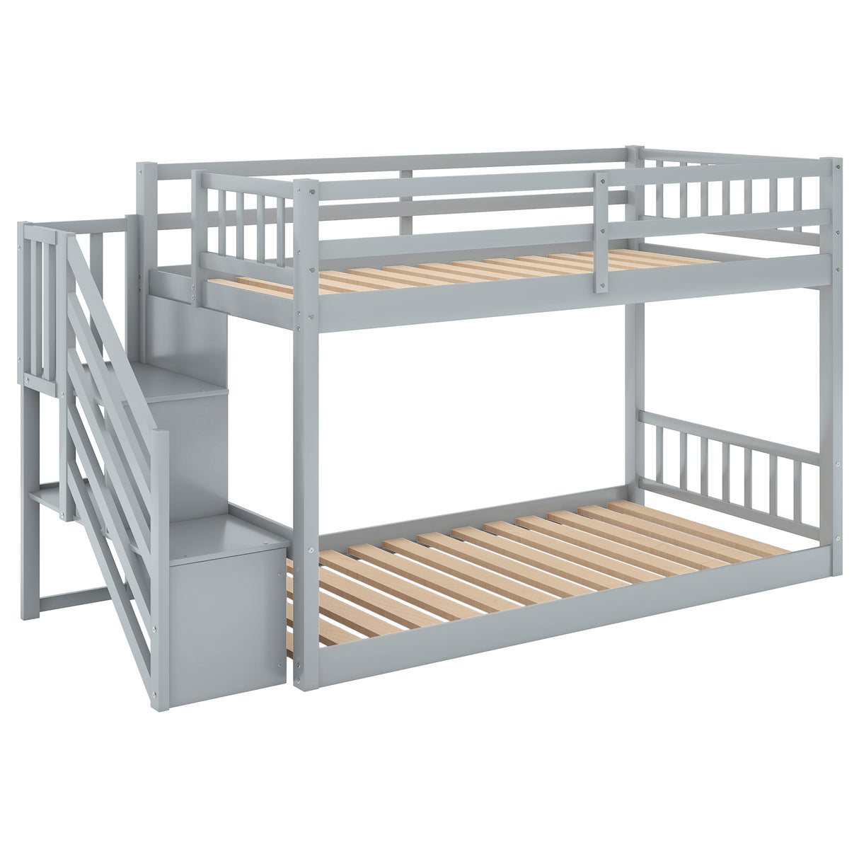 Twin over Twin Floor Bunk Bed, Ladder with Storage Gray