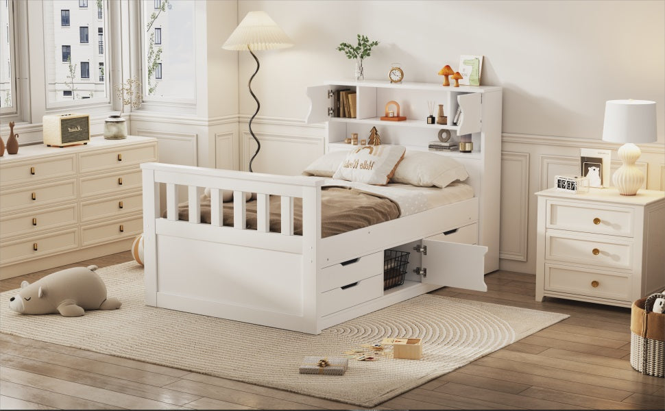 Twin Size Captain Platform Bed Frame with Storage Bookcases and Shelves,Four Drawers,White - V.I.P Digital Presence