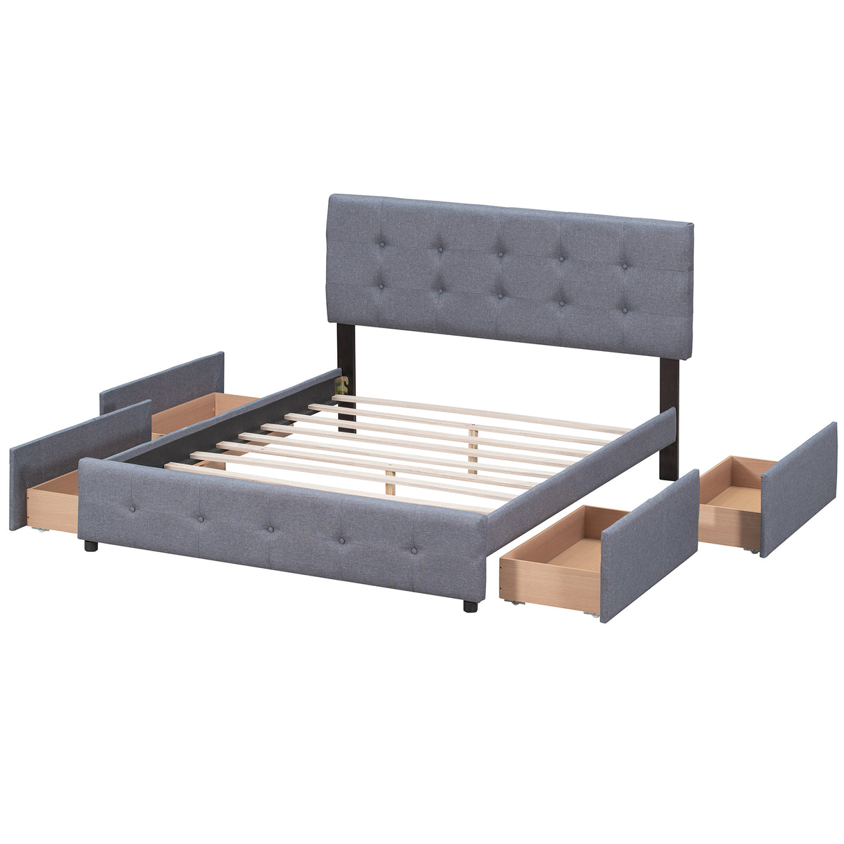 Upholstered Platform Bed with Classic Headboard and 4 Drawers No Box Spring Needed Linen Fabric Queen Size Dark gray - V.I.P Digital Presence