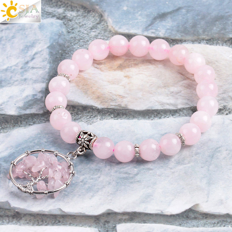 Women's natural colored pink crystal semi-precious stone bead bracelet pure handmade tree of life with pendant jewelry - V.I.P Digital Presence