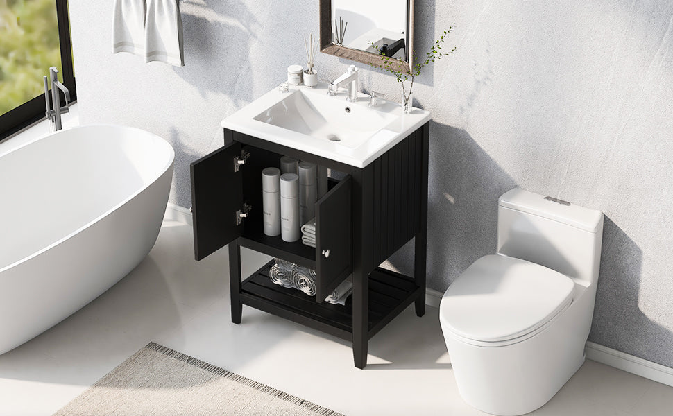 24" Black Modern Sleek Bathroom Vanity Elegant Ceramic Sink with Solid Wood Frame Open Style Shelf - V.I.P Digital Presence