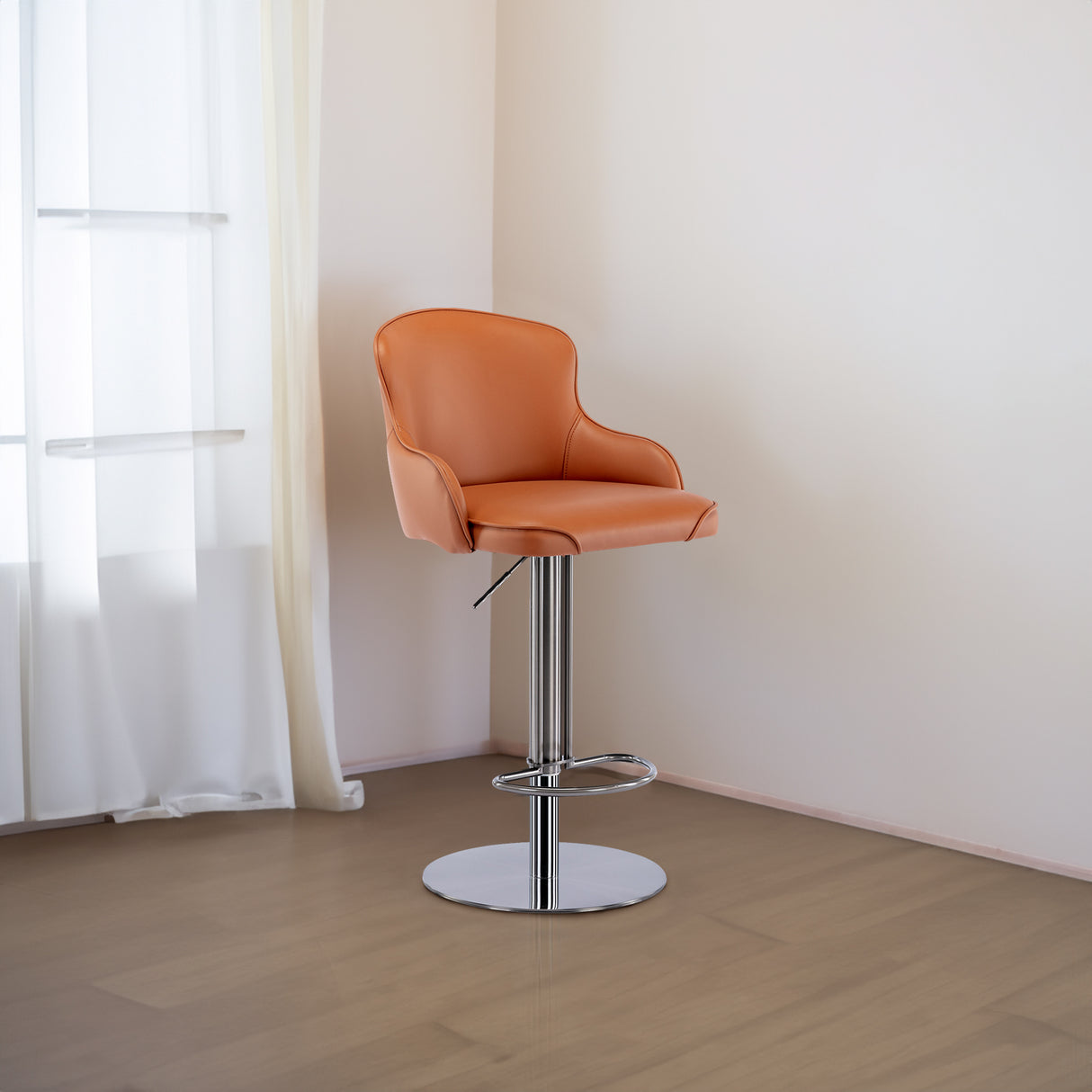 Modern leather bar chair with black titanium stainless steel backrest, adjustable height by rotation (1 piece in brown)